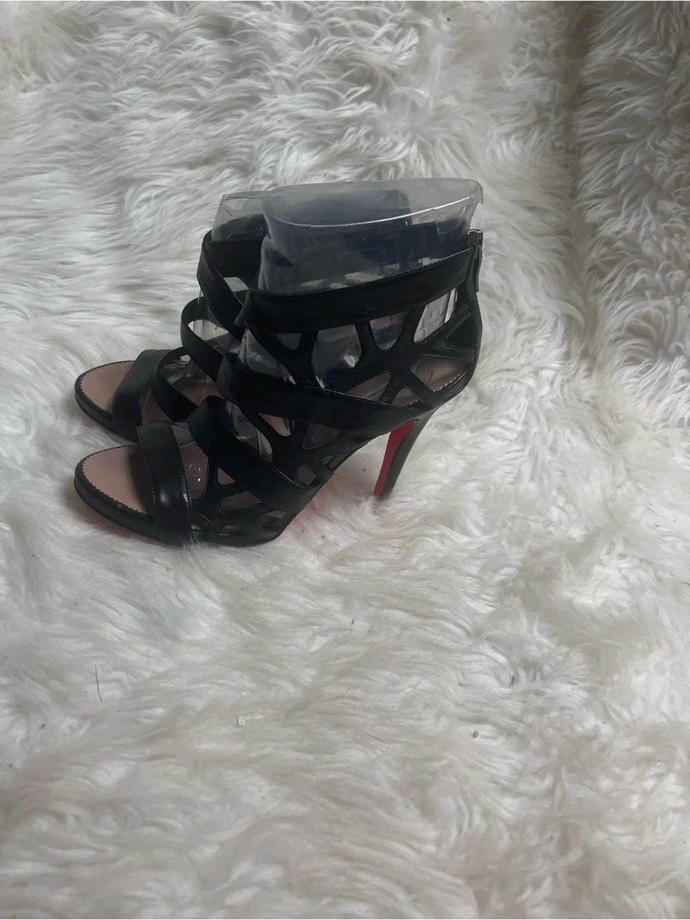 Sue Comma Bonnie leather Black Strappy High-Heel Sandals Back zipper EUR SZ 38.5